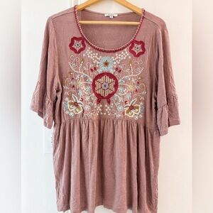 Jodifl Embroidered Boho Babydoll Tunic Top | Dusty Mauve Pink | Size Medium